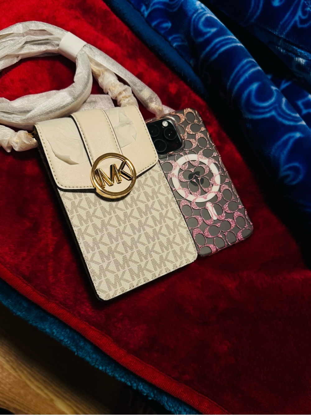 Michael Kors Cream Monogram Phone Crossbody with Gold MK Hardware